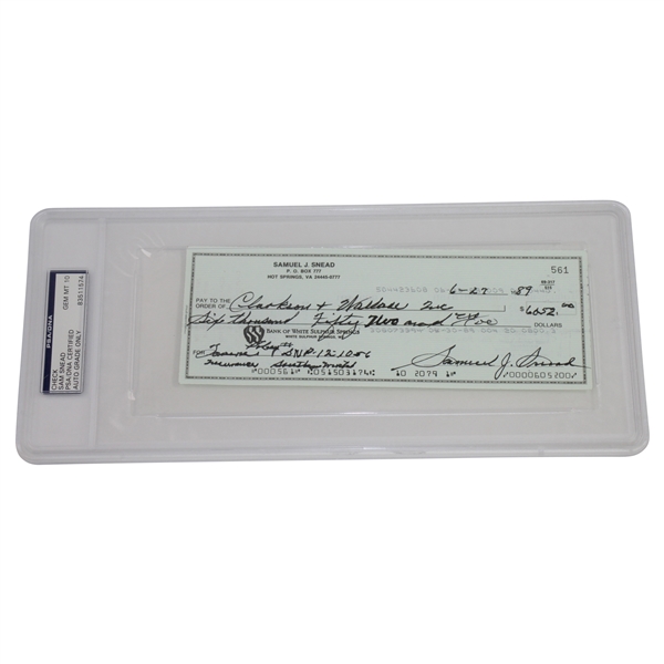 Samuel J. Snead Signed 6/27/1989 Personal Check PSA/DNA GEM MT 10 #83511574