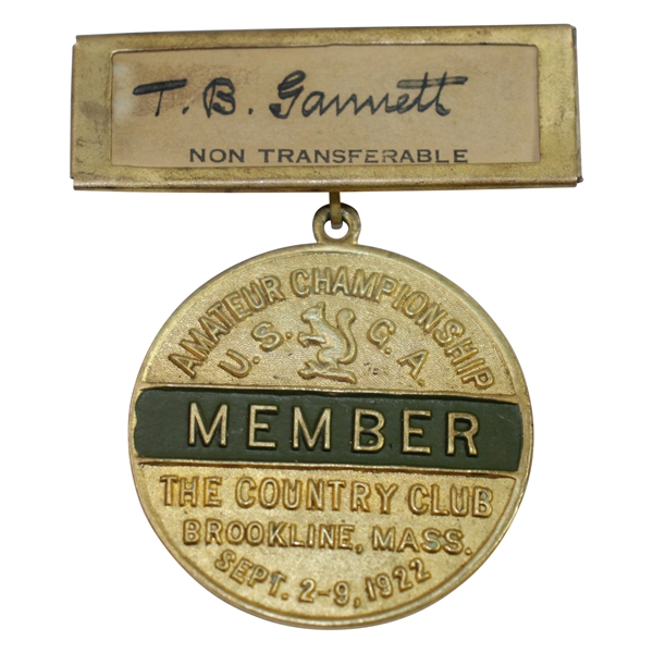 1922 US Amateur Championship at The Country Club Brookline Member Badge - T.B. Gammett