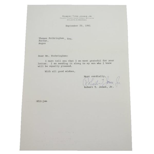 Bobby Jones Signed 9/20/1961 Letter to R&A Captain Thomas Fothringham JSA ALOA