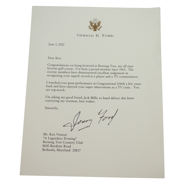 Ken Venturis Personal Signed Congratulatory Letter from President Gerald Ford JSA ALOA