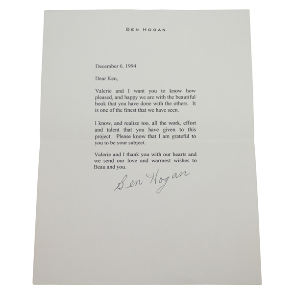 Ben Hogans Hand Signed 1994 Letter Thanking Ken Venturi For His Work On The Hogan MystiqueJSA ALOA