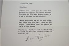 Ben Hogan's Hand Signed 1994 Letter Thanking Ken Venturi For His Work On The Hogan MystiqueJSA ALOA