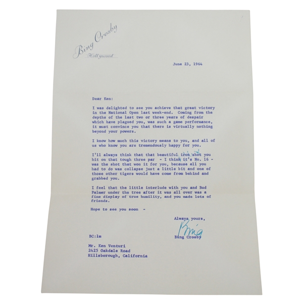 Ken Venturis June 1964 Signed US Open Congrats Letter from Bing Crosby with Envelope JSA ALOA