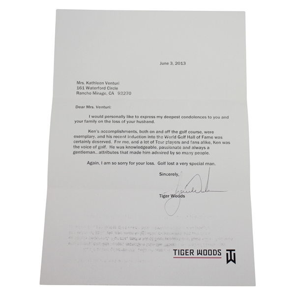 Tiger Woods Signed Condolences for Kens Passing Letter to Kathleen Venturi with Envelope - JSA ALOA