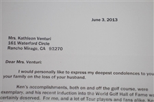 Tiger Woods Signed Condolences for Ken's Passing Letter to Kathleen Venturi with Envelope - JSA ALOA