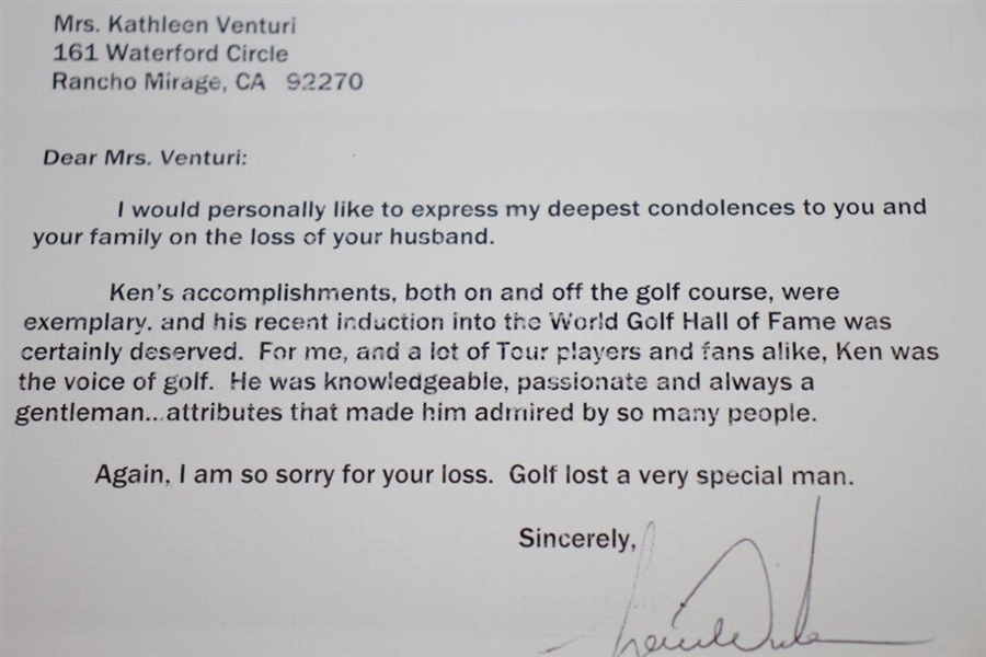 Tiger Woods Signed Condolences for Ken's Passing Letter to Kathleen Venturi with Envelope - JSA ALOA