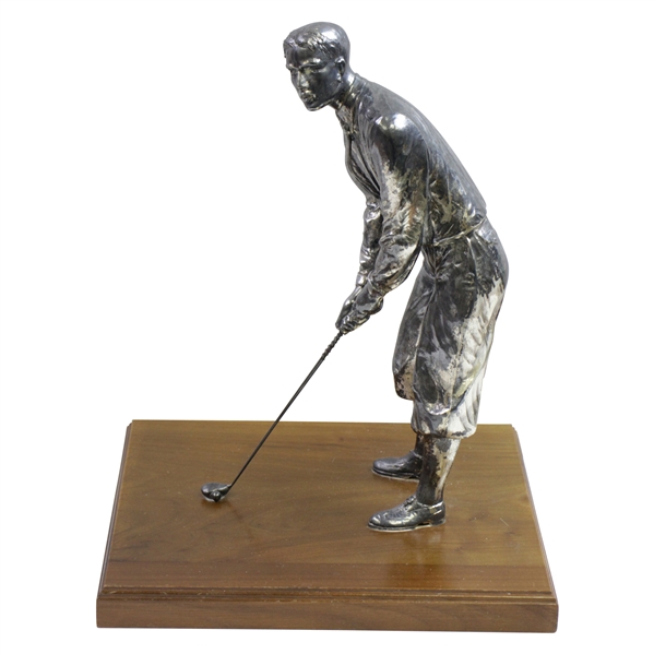 Large Silver Plated Golfer Figure Addressing Golf Ball on Wood Base - 14" Tall!