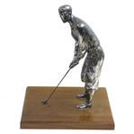 Large Silver Plated Golfer Figure Addressing Golf Ball on Wood Base - 14" Tall!