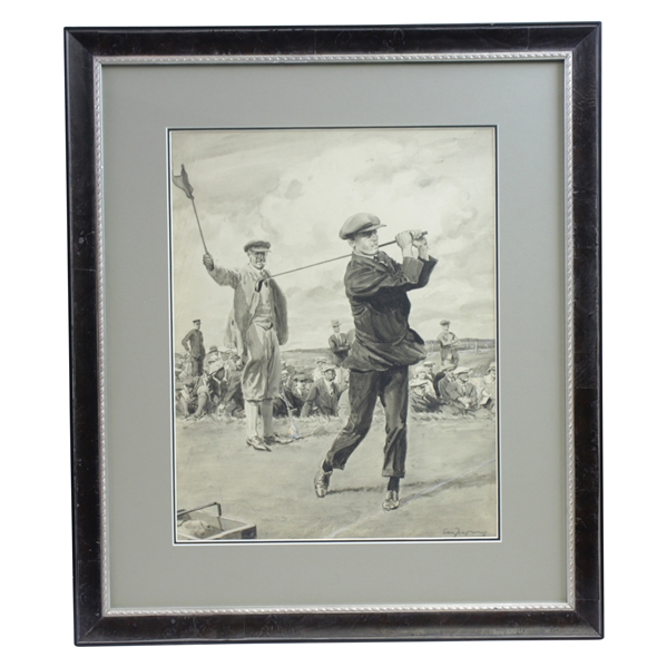 Circa 1920s Jim Barnes at Prestwick Original Ink Gauche on Paper Signed by Artist - Framed