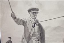 Circa 1920's Jim Barnes at Prestwick Original Ink Gauche on Paper Signed by Artist - Framed