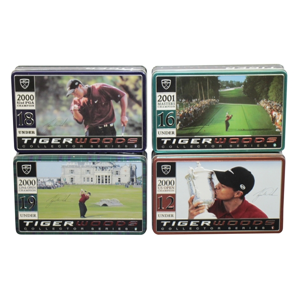 Tiger Slam Commemorative Golf Ball Tins for Masters, PGA, US Open, & OPEN Victories - Complete Set