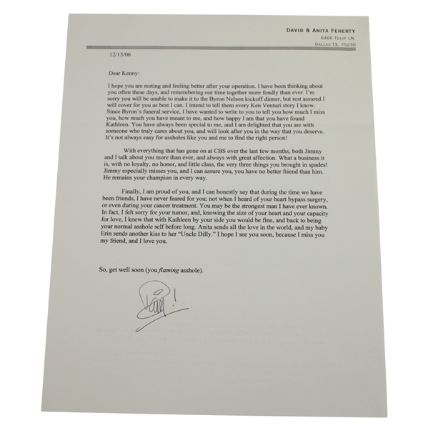 Ken Venturis Personal Letter from David Feherty - Recovery Content JSA ALOA