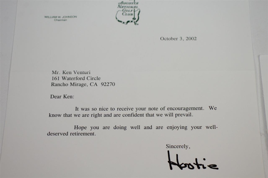 Ken Venturi's Personal 2002 Letter from Hootie Johnson - We Are Right! Content - with Envelope