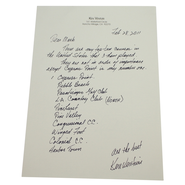 Ken Venturis Personal Hand-Written & Signed Top Ten Courses Played in the US Letter JSA ALOA