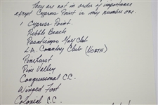 Ken Venturi's Personal Hand-Written & Signed Top Ten Courses Played in the US Letter JSA ALOA
