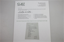 Ken Venturi's Personal Hand-Written & Signed Top Ten Courses Played in the US Letter JSA ALOA