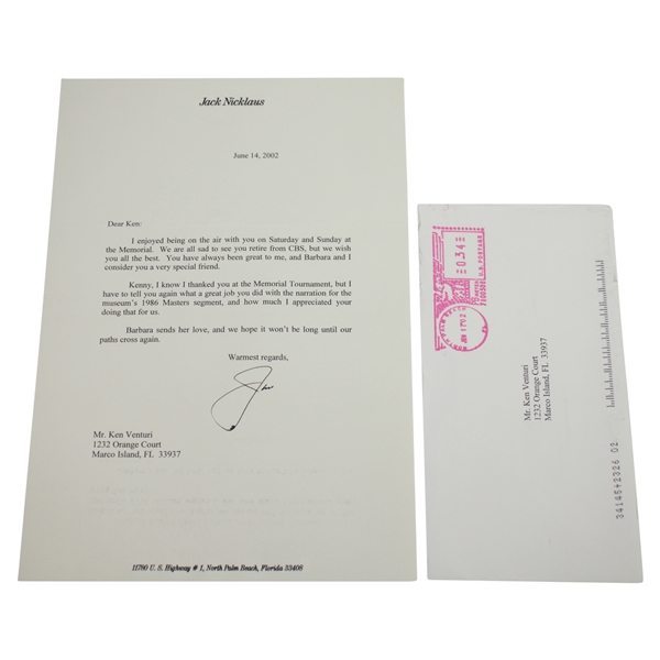 Ken Venturis Personal Signed Letter from Jack Nicklaus - Retirement Content JSA ALOA
