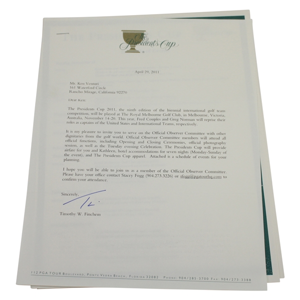 Ken Venturis Personal Invitation to the 2011 Presidents Cup as Official Observer Committee