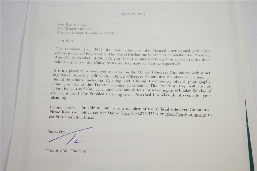 Ken Venturi's Personal Invitation to the 2011 President's Cup as Official Observer Committee
