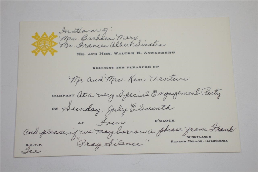 Ken Venturi's Personal Invitation to Engagement Party from Barbara & Frank Sinatra