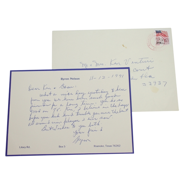Ken Venturi's Personal Hand-Written & Signed Note from Byron Nelson JSA ALOA