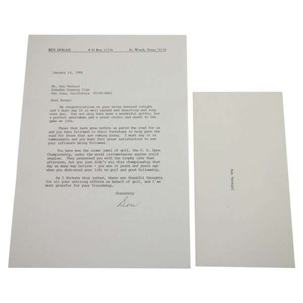 Ken Venturis Personal Signed Letter from Ben Hogan - US Open Under Toughest Content JSA ALOA
