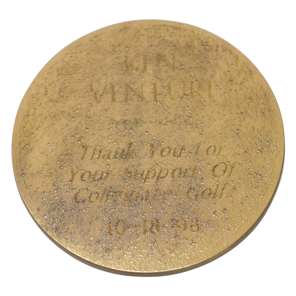 Ken Venturis Personal 1998 Thank You for Support of Collegiate Golf Medal - Jerry Pate Old Overton Nat. Intercoll.