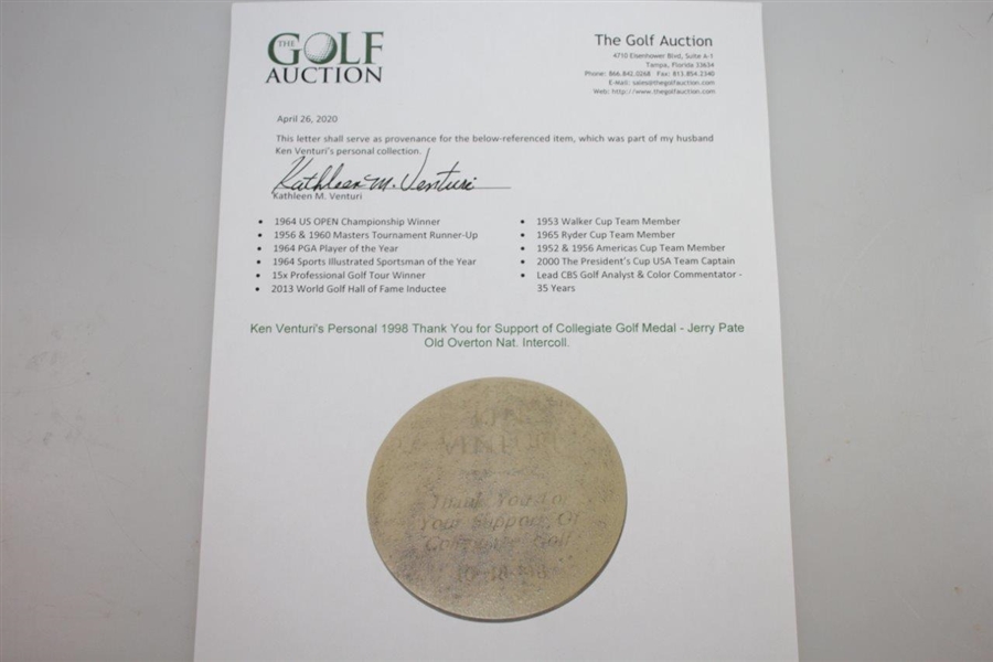 Ken Venturi's Personal 1998 Thank You for Support of Collegiate Golf Medal - Jerry Pate Old Overton Nat. Intercoll.