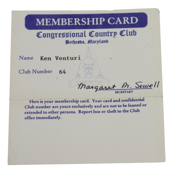 Ken Venturis Personal Congressional Country Club Membership Card #64