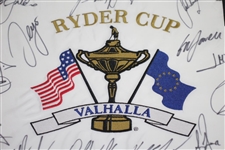 European Team Signed 2008 Ryder Cup at Valhalla White Embroidered Flag JSA ALOA