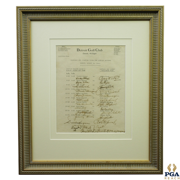 1941 Hagens PGA Ryder Team vs Bobby Jones Challenge Team at Detroit GC Signed Pairings Sheet JSA FULL #BB45770