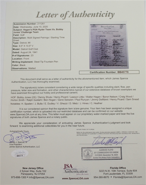 1941 Hagen's PGA Ryder Team vs Bobby Jones' Challenge Team at Detroit GC Signed Pairings Sheet JSA FULL #BB45770