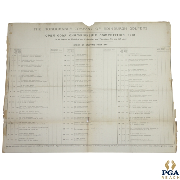1901 OPEN Championship at Muirfield - Honourable Company of Edinburgh Golfers Program/Pairing Sheet