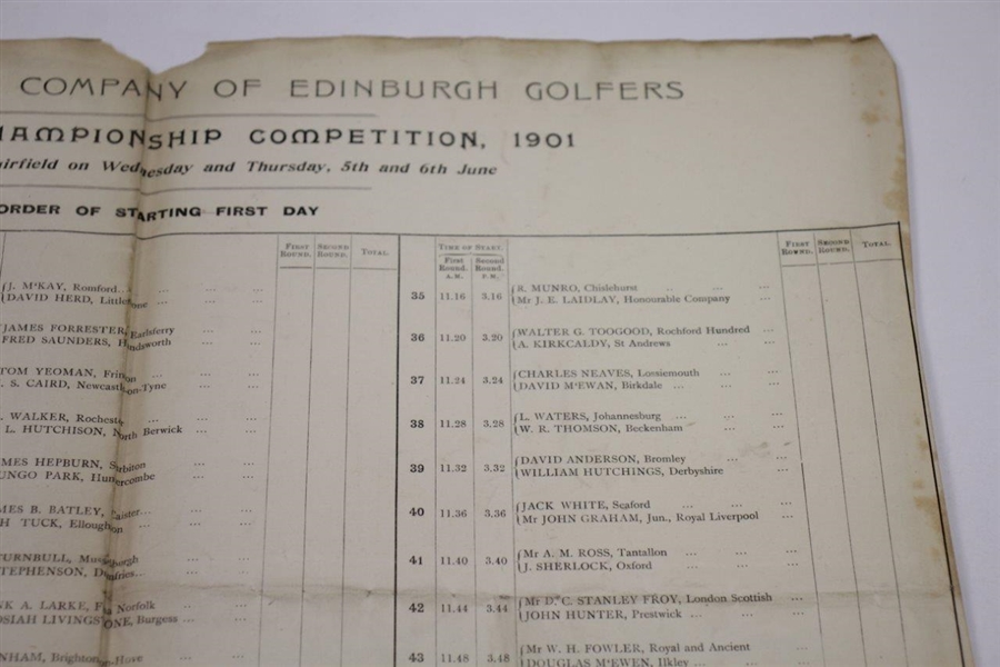 1901 OPEN Championship at Muirfield - Honourable Company of Edinburgh Golfers Program/Pairing Sheet