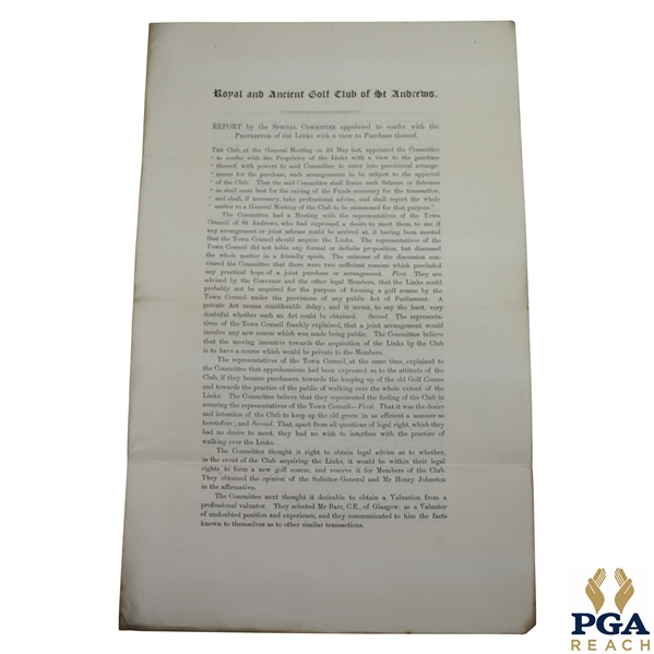 1893 Royal & Ancient Golf Club of St. Andrews Report of Special Committee to Propose Purchase of Links