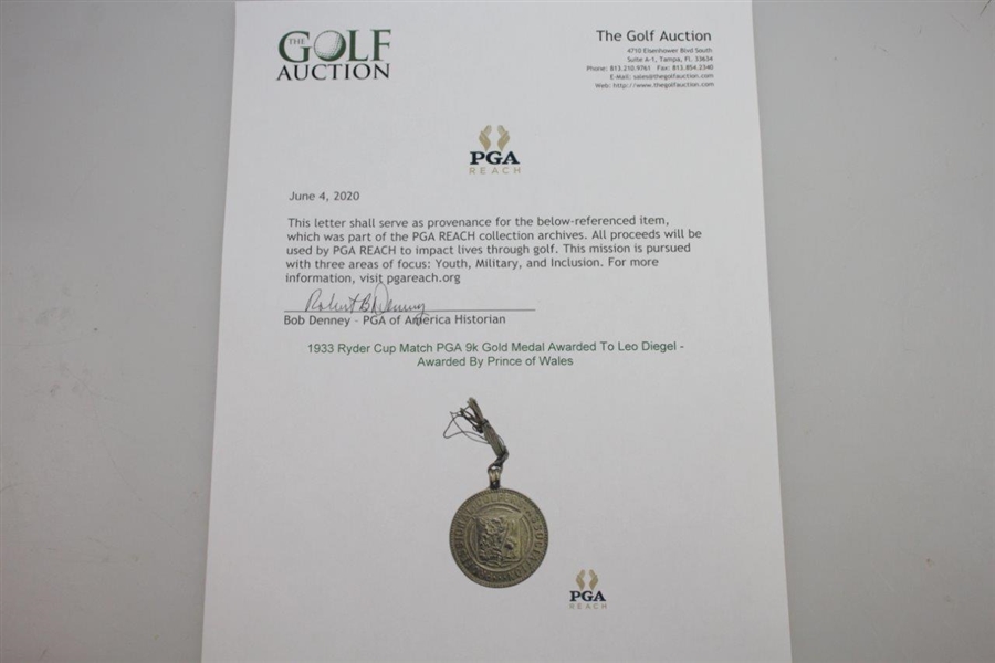 1933 Ryder Cup Match PGA 9k Gold Medal Awarded To Leo Diegel - Awarded By Prince of Wales