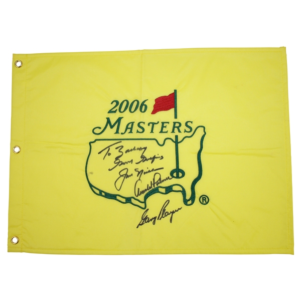 'Big Three' Palmer, Nicklaus, & Player Signed 2006 Masters Embroidered Flag with Personalization JSA ALOA