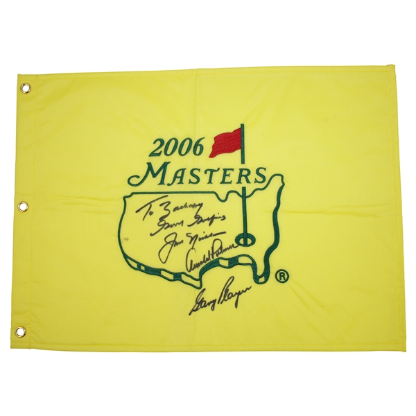 Big Three Palmer, Nicklaus, & Player Signed 2006 Masters Embroidered Flag with Personalization JSA ALOA