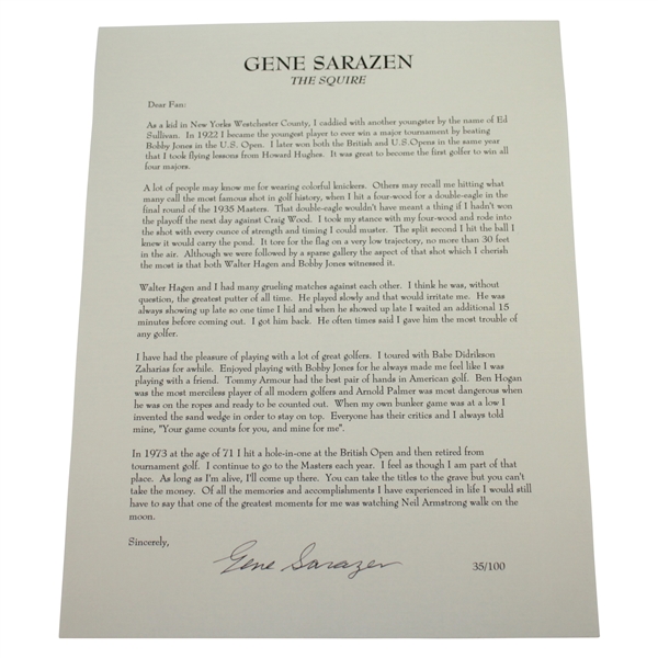 Gene Sarazen Signed Ltd Ed #35/100 (1935 Masters Champ) Typed Letter 'Dear Fan' JSA ALOA