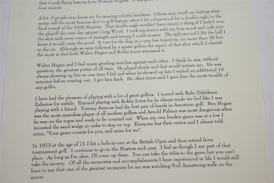 Gene Sarazen Signed Ltd Ed #35/100 (1935 Masters Champ) Typed Letter 'Dear Fan' JSA ALOA