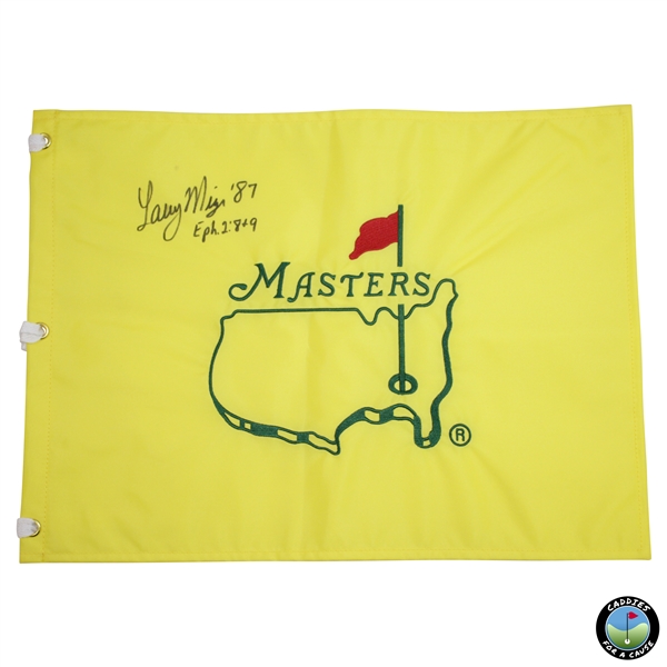 Larry Mize Signed Masters Undated Embroidered Flag with Eph. 2:8 & 9 JSA ALOA