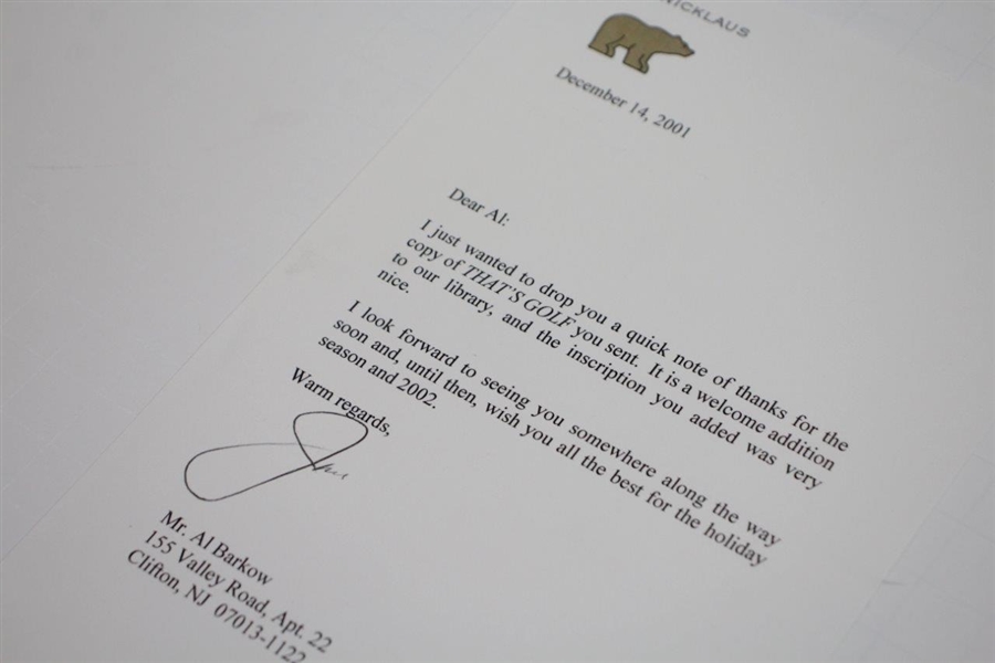 Jack Nicklaus Signed 12/14/2001 Letter of Thanks to Al Barkow on Letterhead JSA ALOA