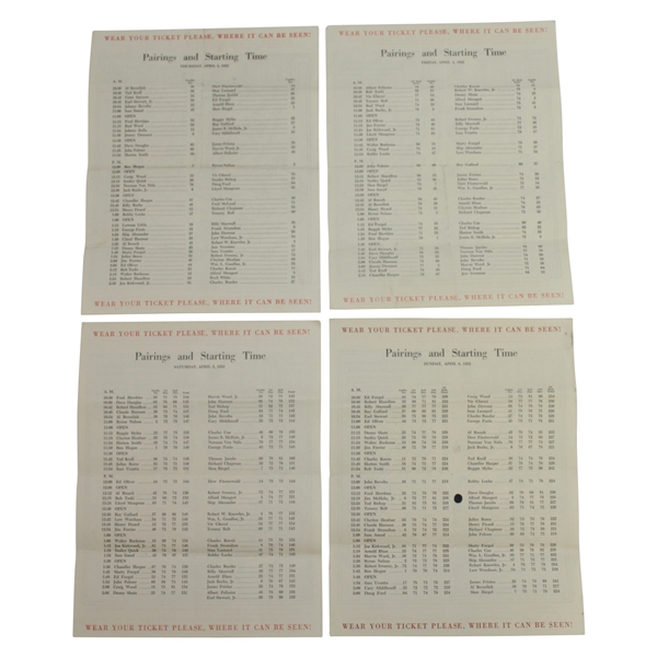 Complete Set of Four (4) 1952 Masters Tournament Pairing Sheets - Sam Sneed Winner