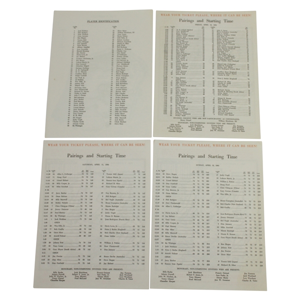1964 Masters Tournament Fri-Sat-Sun Pairing Sheets with Par 3 - Arnies Final Green Jacket