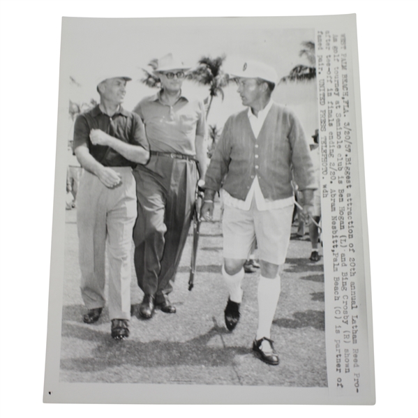 Ben Hogan, Bing Crosby, & George Coleman 7x9 1/8 Wire Photo at Seminole Golf Club 3/20/57