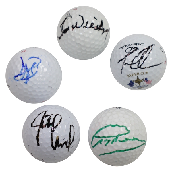 Greg Norman, Justin Leonard, David Duval, Tom Weiskopf, & Tom Lehman Signed Golf Balls JSA ALOA