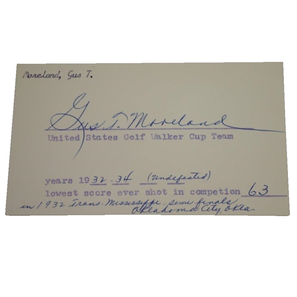Gus Moreland US Walker Cup Member & Played in First Masters Signed Index Card JSA ALOA