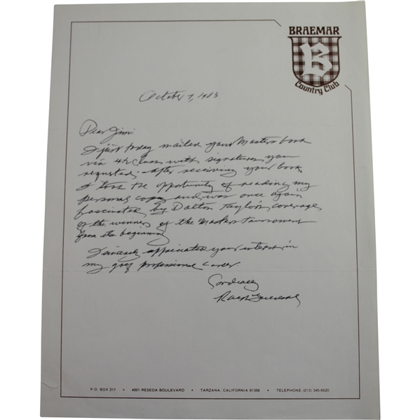 Ralph Guldahl Signed Hand-Written Letter on Braemar CC Letterhead JSA ALOA
