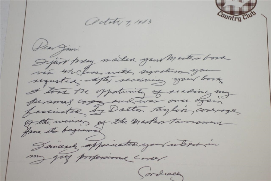 Ralph Guldahl Signed Hand-Written Letter on Braemar CC Letterhead JSA ALOA