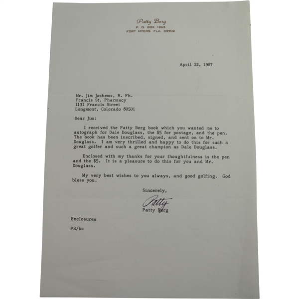 Patty Berg Signed 4/22/1987 Letter on Personal Letterhead JSA ALOA